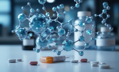 Colorful molecules and medications in focus