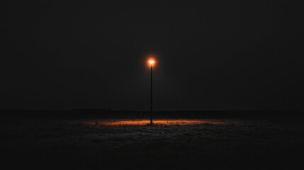 Lone streetlight illuminating foggy field at night