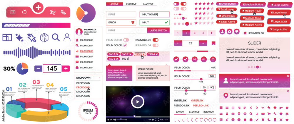 Poster a set of ui components for mobile apps and websites. includes buttons, panels, menus, sliders, and c