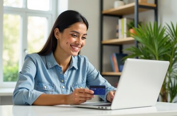 An Indian woman is sitting at a table in front of a computer with a bank card in her hands, paying for an online purchase. A bargain, a sale