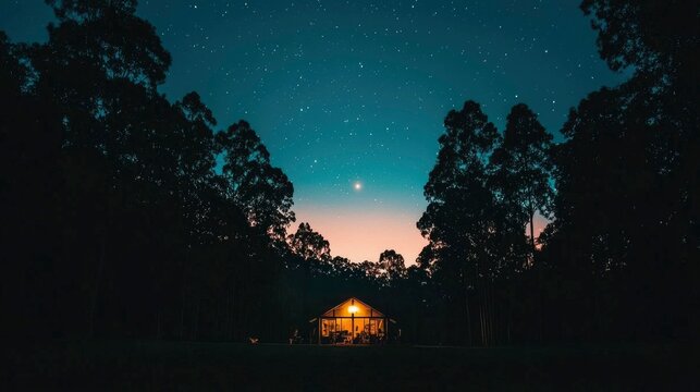 Cabin in woods under starry night sky at twilight