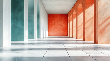 Fototapeta premium Sunlit Corridor Warm Orange Teal Walls Modern Architecture. AI Generated