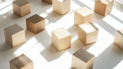 An assortment of wooden cubes scattered across a vibrant, textured background, showcasing creativity and playfulness.