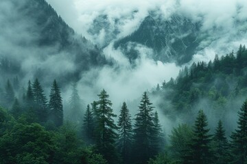 Misty mountains shrouded in fog, evergreen forest below, serene and tranquil nature scene.