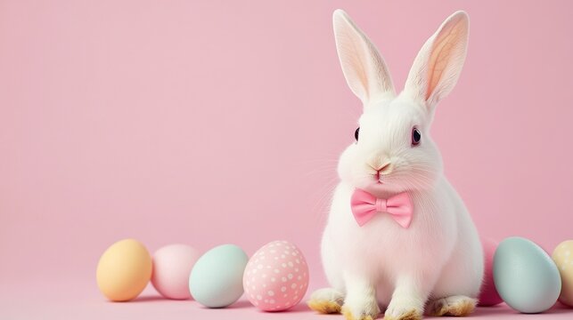 Cute furry bunny wearing a fashionable bow tie, with a soft pink background adorned with festive Easter egg patterns, suitable for spring holiday decoration and greeting cards.