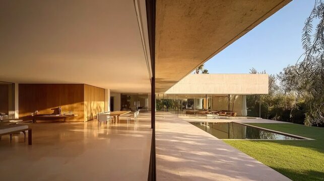 Modern house interior and exterior with pool and garden