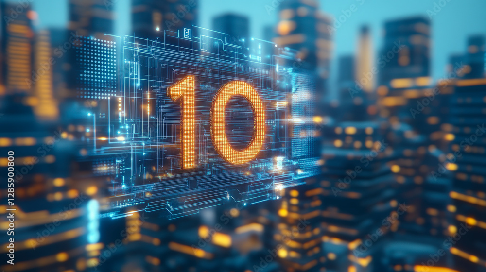 Poster digital innovation with futuristic cityscape background and the number 10 illuminated, symbolizing t