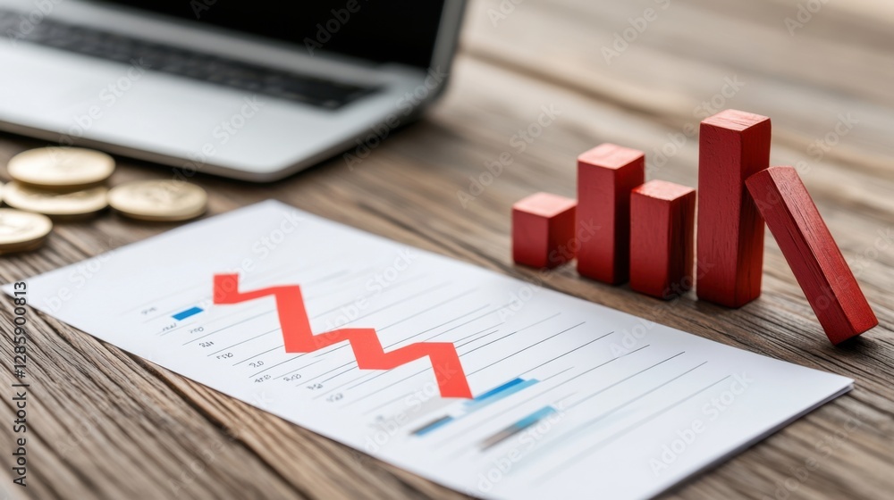Poster declining financial trends illustrated by graph and red blocks depicting decrease in business perfor
