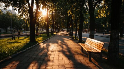 Sunset in city park with benches and trees