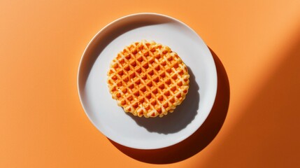 Round waffle on white plate, orange backdrop, sunny breakfast