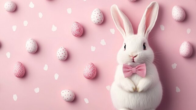 Cute furry bunny wearing a fashionable bow tie, with a soft pink background adorned with festive Easter egg patterns, suitable for spring holiday decoration and greeting cards.