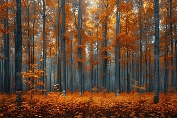 Fototapeta premium Misty autumn forest with tall trees and vibrant orange foliage, creating a serene and magical atmosphere.