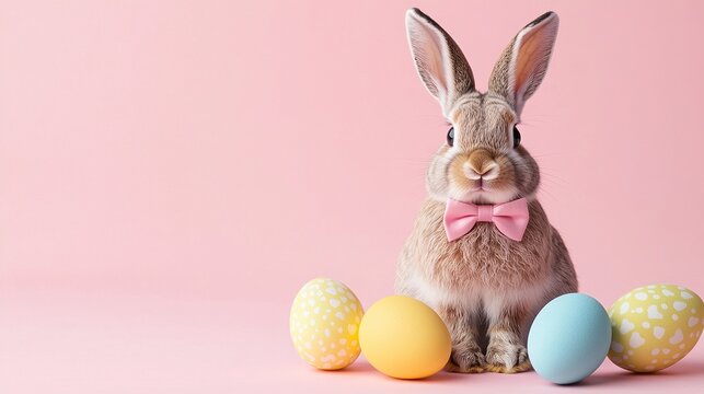 Cute furry bunny wearing a fashionable bow tie, with a soft pink background adorned with festive Easter egg patterns, suitable for spring holiday decoration and greeting cards.