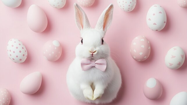 Cute furry bunny wearing a fashionable bow tie, with a soft pink background adorned with festive Easter egg patterns, suitable for spring holiday decoration and greeting cards.