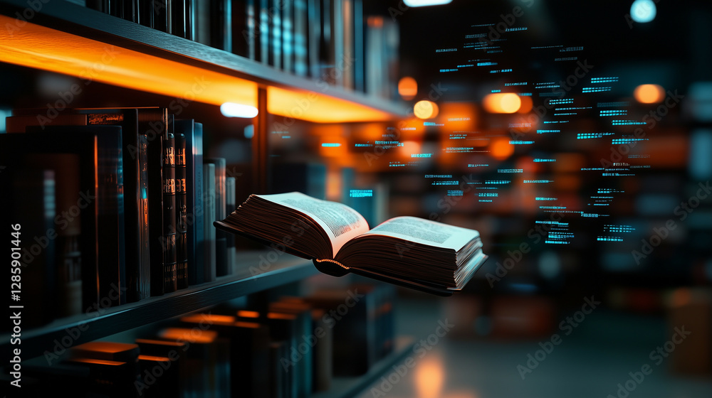 Poster a cybernetic bookshelf with books floating in mid-air, connected by glowing blue digital lines, symb