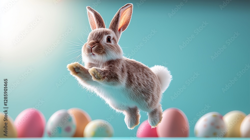 Poster rabbit is jumping over a bunch of easter eggs. scene is playful and lighthearted, as the rabbit is h