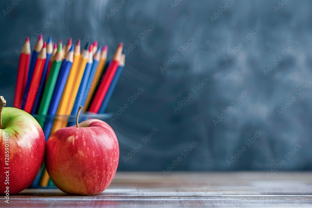 Poster fresh apples in a classroom setting with colorful pencils in the background on a wooden table