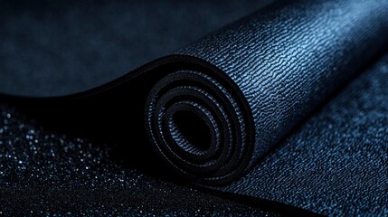 Rolled blue yoga mat on dark sparkly surface, ready for exercise