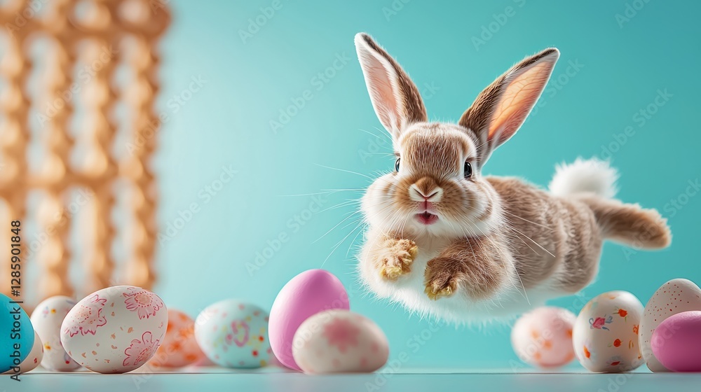 Poster rabbit is jumping over a pile of easter eggs. the scene is playful and lighthearted, with the rabbit