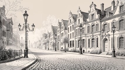 Vintage European Street Scene in Black and White Etching Style