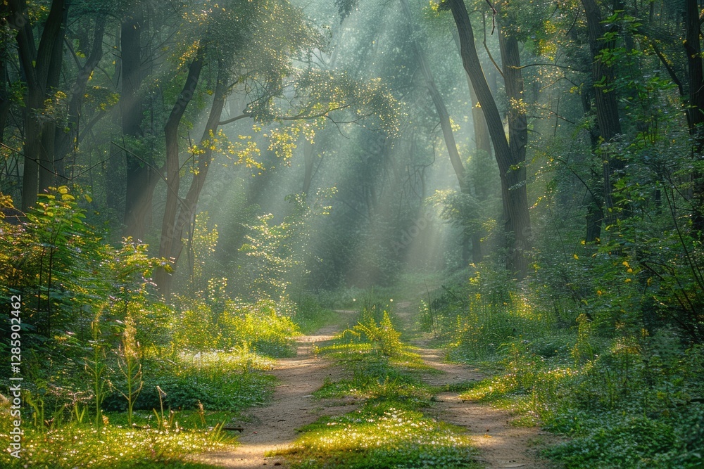 Poster sunbeams illuminate a mystical forest path, creating an enchanting and serene atmosphere.