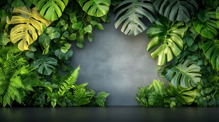 Wall covered in lush green plants, with a large leafy green plant in the center. The wall is made of concrete and has a variety of different plants growing on it, creating a natural