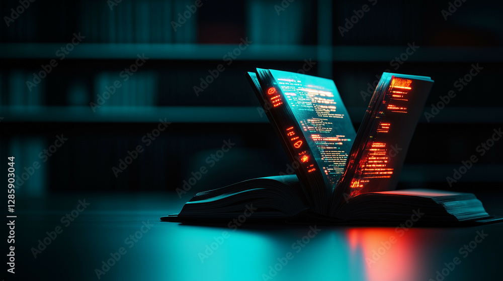 Poster a single open book on a sleek, futuristic desk, with pages made of transparent digital screens displ