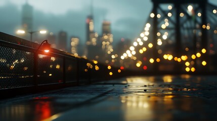 Fototapeta premium A rainy urban scene with blurred city lights and reflections on the pavement.