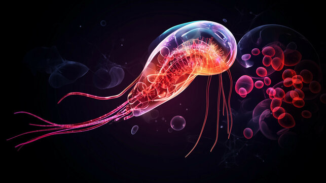 A sleek and modern vector illustration of Plasmodium malariae attacking human blood cells. The parasite is enlarged, showing its structure in detail. 