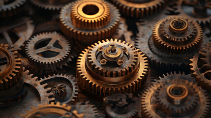 Gear and cogs wheels, clock mechanism, brass metal engine industrial.