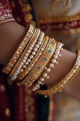 Elegant gold and pearl-studded bangles artfully arranged on an Indian fabric backdrop.