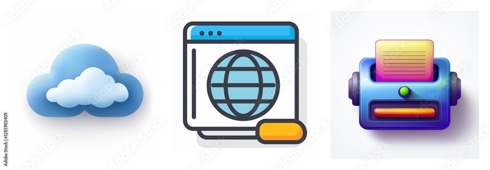 Poster three icons displayed in a row on a white background: a fluffy cloud, a browser window with a globe,