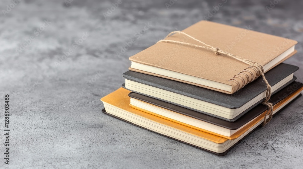 Poster a stack of stylish notebooks in various colors rests on a textured surface, showcasing their unique 