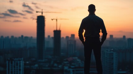 Fototapeta premium Engineering silhouette of industrial cranes concept. Silhouetted Engineer Overlooking Cityscape at Sunset