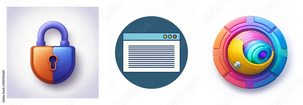 Poster three digital icons are displayed: a two-tone padlock, a simple browser window, and a vibrant, segme
