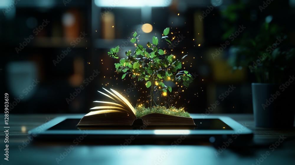 Poster a tablet screen projecting a 3d glowing book in the air, symbolizing the evolution of reading in the