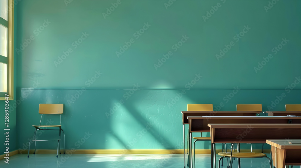 Poster empty classroom with teal walls and sunlight casting shadows on the floor