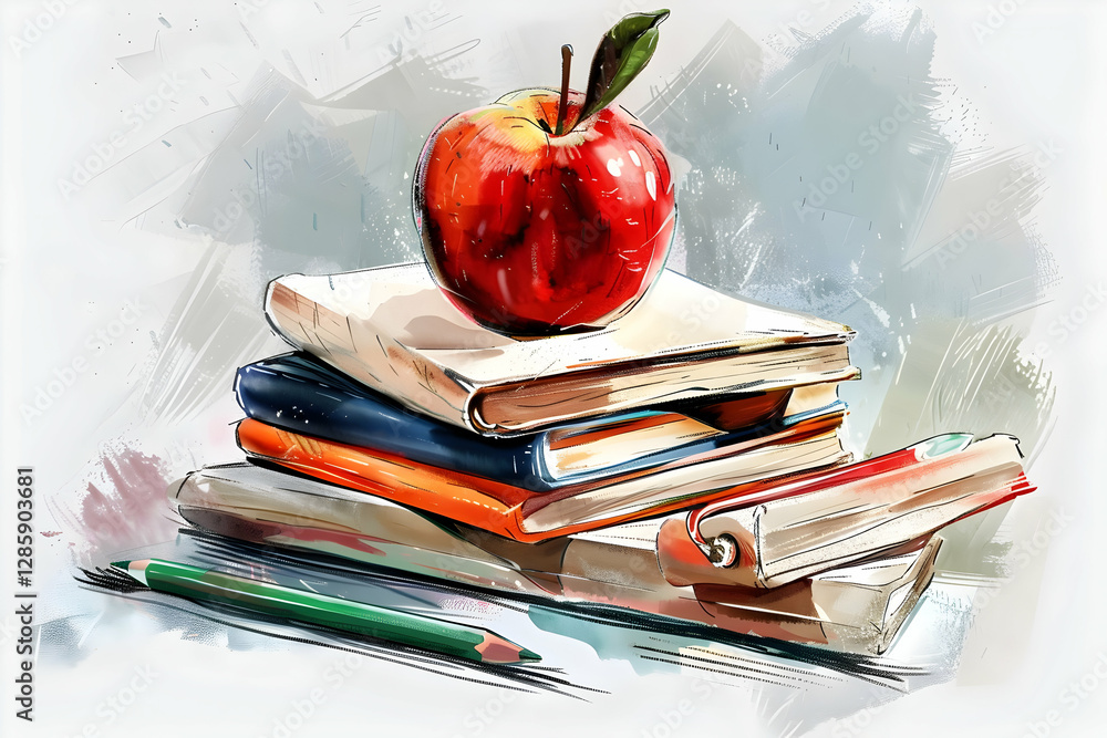 Poster a vibrant red apple resting atop a stack of colorful books on a textured background