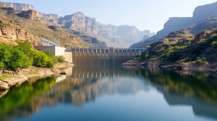Dam reflecting in tranquil mountain lake