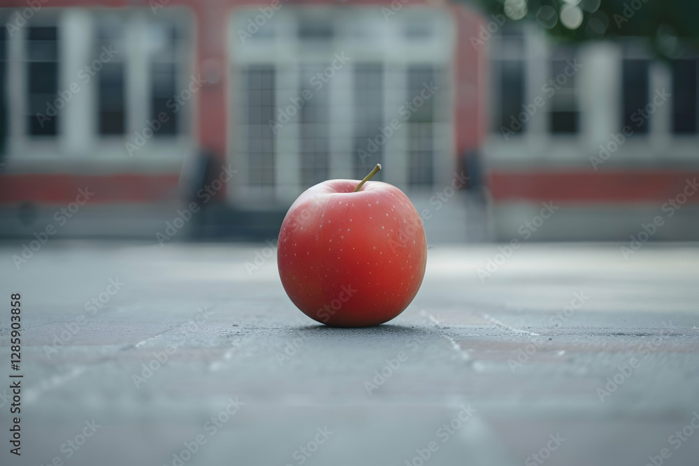 Aufkleber a bright red apple placed on a cobblestone surface with a blurred building in the background