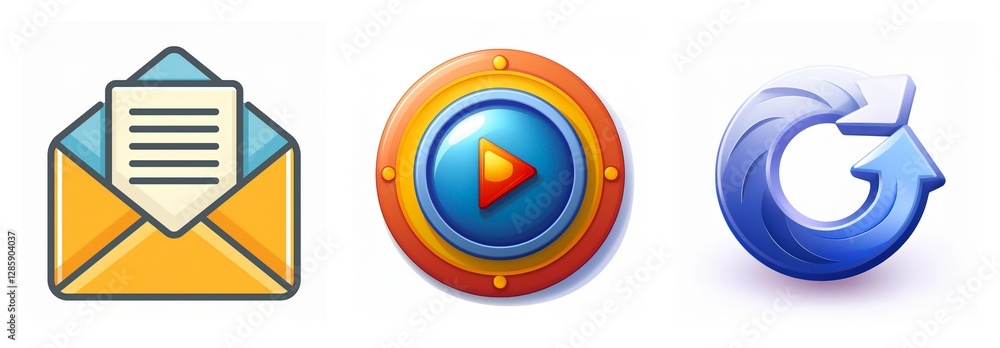 Poster three glossy icons: an open envelope with a document, a colorful circular play button, and a blue ci
