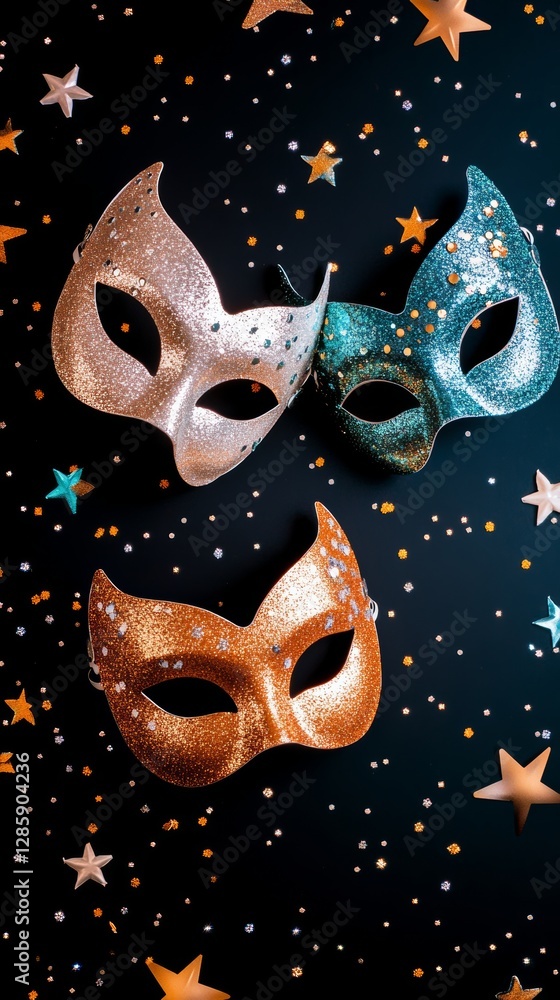Poster three masks with glitter on them are on a black background with stars. the masks are of different co