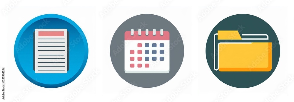 Poster three round icons depict file, calendar, and folder. representing document management, scheduling, a