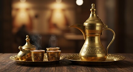 Serving Arabic Coffee with Traditional Pot and Cups on Wooden Table