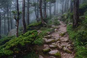 Obraz premium Misty forest trail winds through mossy rocks and tall pine trees, creating a serene and mysterious atmosphere.