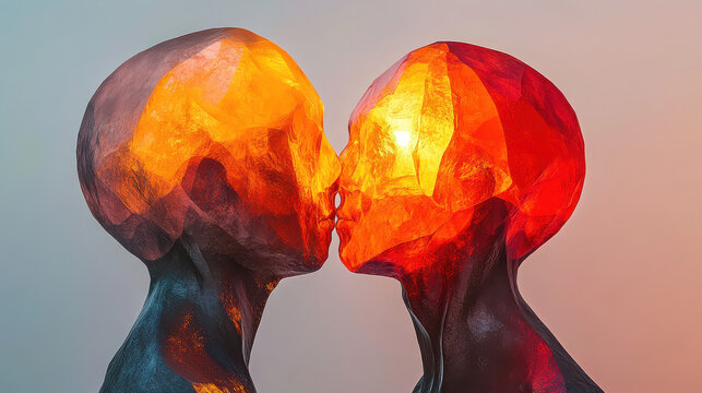 A conceptual art piece featuring two abstract humanoid forms, spherical heads and sculptural bodies, positioned dynamically with a sense of interaction