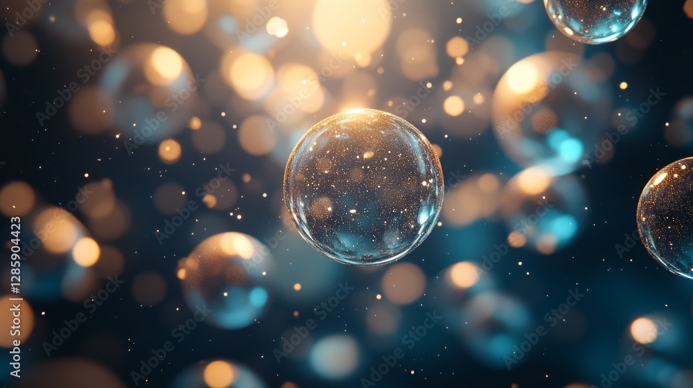 Poster Sparkling and Effervescent Bubbles Floating In A Dark Blue Background
