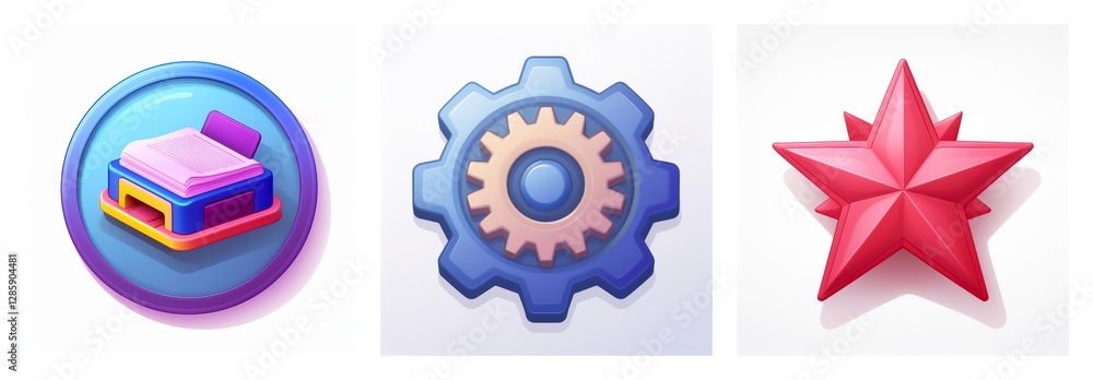 Poster set of colorful glossy 3d icons featuring a bed, gear, and star. ideal for game or app ui/ux design 