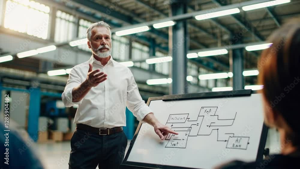 Poster Senior male engineer using whiteboard to explain a technical drawing to factory workers in a large industrial factory building, slow motion