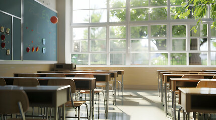 Bright and inviting classroom with empty desks, large windows, and green trees outside